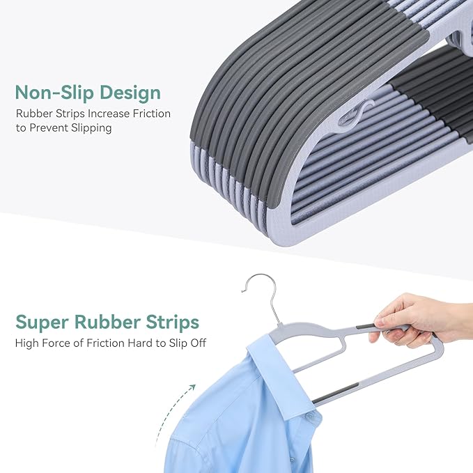 50-Pack Heavy Duty Coat Hangers, Non-Slip, 0.2'' Slim, 360° Swivel Hook, 16.5 Inches Wide, Space-Saving Plastic Clothes Hangers for Suit, Shirt & Pants, Light and Dark Gray