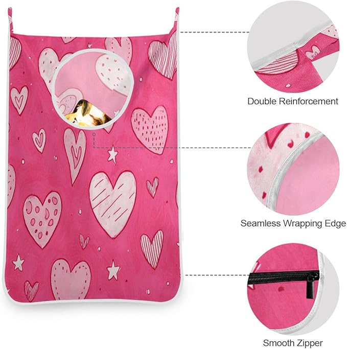 Hot Pink Hearts Stars Hanging Laundry Hamper Door Hampers Bag Basket with Stainless Steel Hooks Oxford Fabric Printing Decorative Clothes Bags 29.5X20inch 1Pack