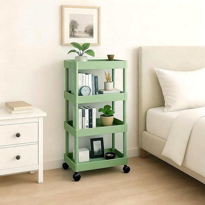 ShellKingdom 4 Tier Bathroom Storage Organizer, Slim Rolling Storage Cart for Narrow Space, Mobile Shelving Unit with Lockable Wheels and Hooks for Bathroom, Kitchen, Laundry Movable Shelf (Green)