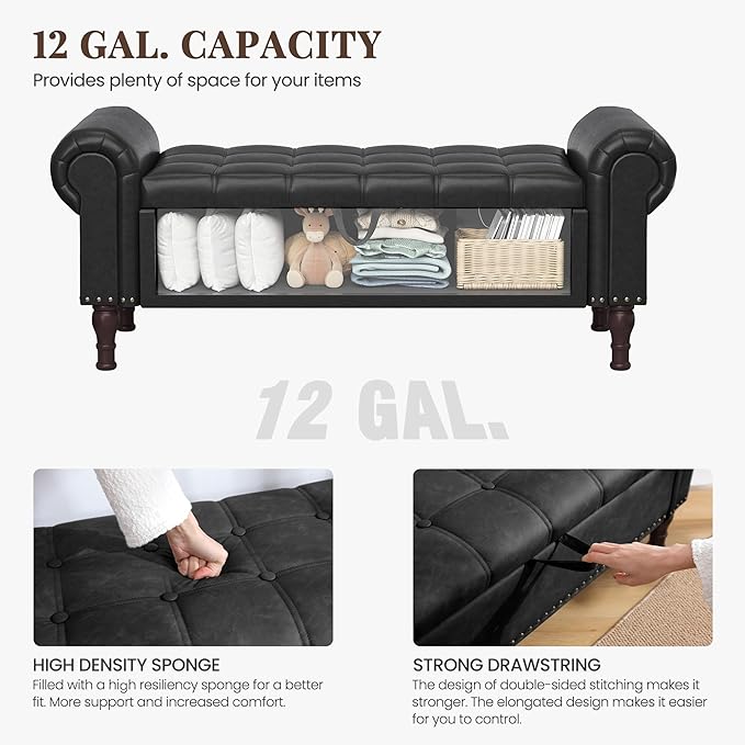 YOUDENOVA 60" Storage Bench with Rolled Arms, Upholstered Bed Bench with Vintage Rivets, PU Leather Bench for Bedroom End of Bed, Living Room, Entryway, Black