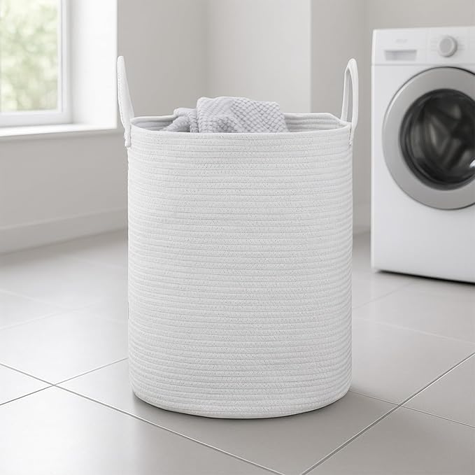 Woven Basket Nursery Laundry Hamper with Handles, Clothes Storage Organizer, Woven Basket for Boy Room Decor, Toy & Blanket Storage Bin, 15x15x18 Inch, White, 1pc
