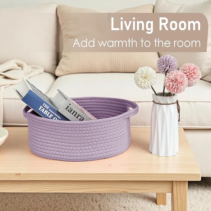 Woven Basket,Small Rope Storage Bin with Handles & Ribbon Bag, Organizer for Shelves Closets,Gift Basket Empty for Birthday,Books,Dog Toys, Purple/3 Pack