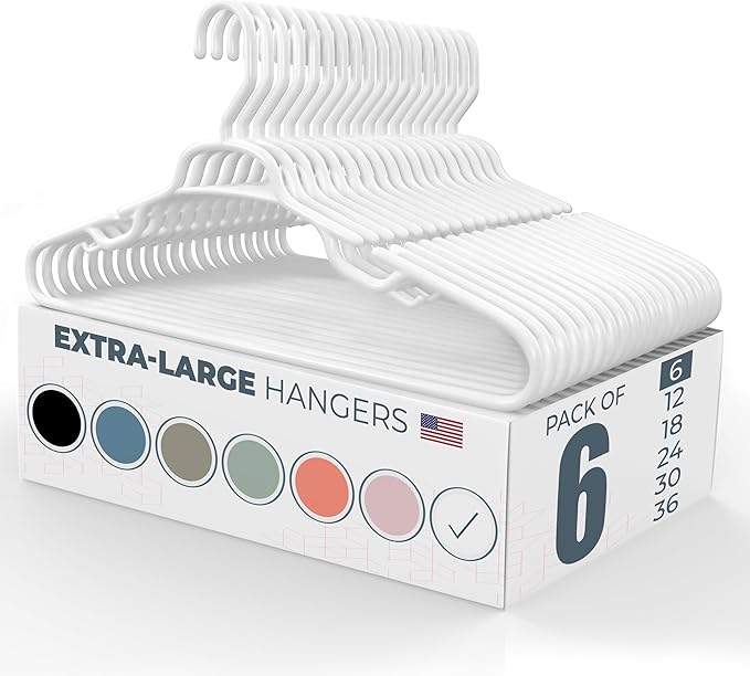 Neaties Large & Wide Heavy Duty Clothes Hangers 6 Pack – Made in USA – Ideal for Plus Size Clothing – 10lb Plastic Hangers with Notches for Oversized Adult Coats & Pants – White