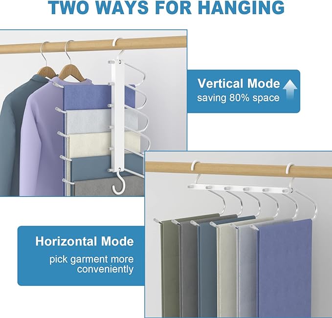 Magic Pants Hangers Space Saving - 6 Tier Stainless Steel Multi Hangers in One for Hanging Pants, Jeans,Trouser - No Slip Vertical Collapsible for Closet Organizer Saver for Men Women, 2 Pack