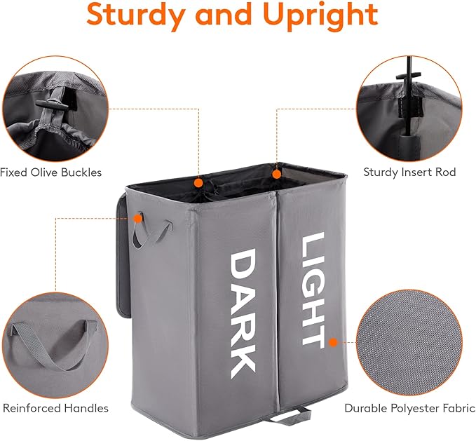 Lifewit 136L Double Laundry Hamper with Lid and Removable Laundry Bags, Large Divided Hamper, Collapsible 2 Section Laundry Basket with Handles for Bedroom, Bathroom, College Dorm, Laundry Room, Grey