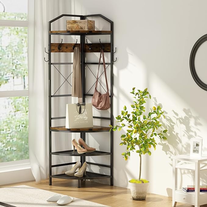 Lamerge Conner Coat Rack with Storage, Multifunctional Entryway Shelf Organizer with 12 Hooks & 4-tier Shelves, 72" Industrial Hall Tree Freestanding Clothes Rack for Living Room Bedroom, Brown