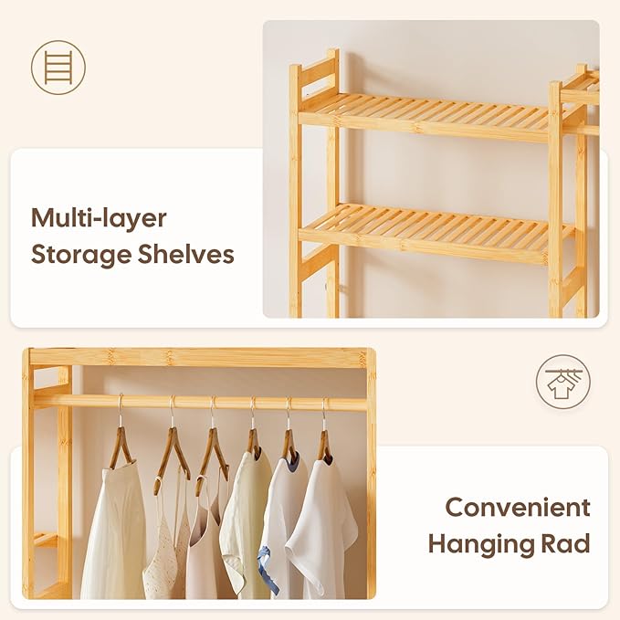 Over The Washer and Dryer Storage Shelf Bamboo,5 Tiers Laundry Room Drying Rack with Adjustable Shelves and 4 Hooks,Space Saver Organizer for Hanging Clothes and Towels (Natural)