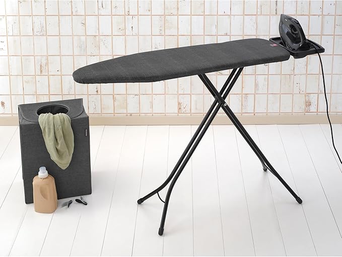 Brabantia - Ironing Board B – Solid Steam Iron Rest – Adjustable Height – Non-Slip Rubber Feet – 100% Fairtrade Cotton Cover with Foam Padding – Foldable – Denim Black – Size B (49 x 15 in)