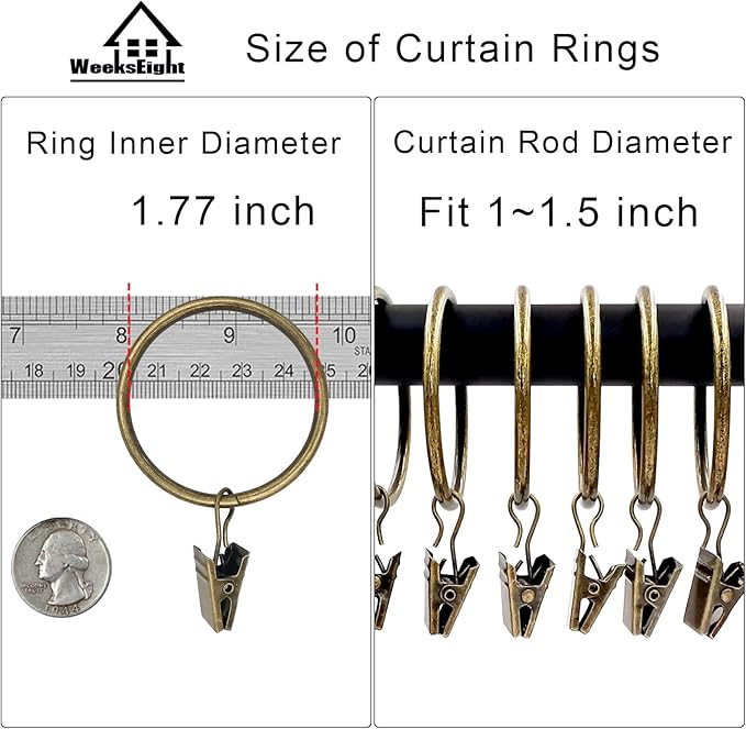 40 Pack Bronze Curtain Rings with Clips, Curtain Hooks Hangers Clip Rings for Hanging Drapes Bows Hat, Drapery Rings 1.77 in I D, Fits up to 1.5 in Diameter Curtain Rod.