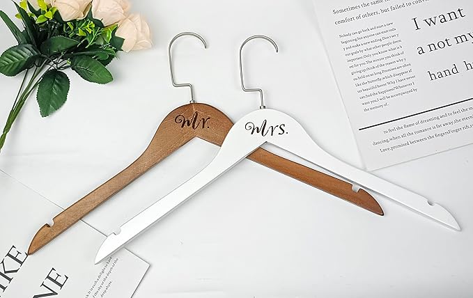 Mr. and Mrs. Wooden Bride Hanger, Wedding Dress Hangers, Set of 2 (White + Vintage)