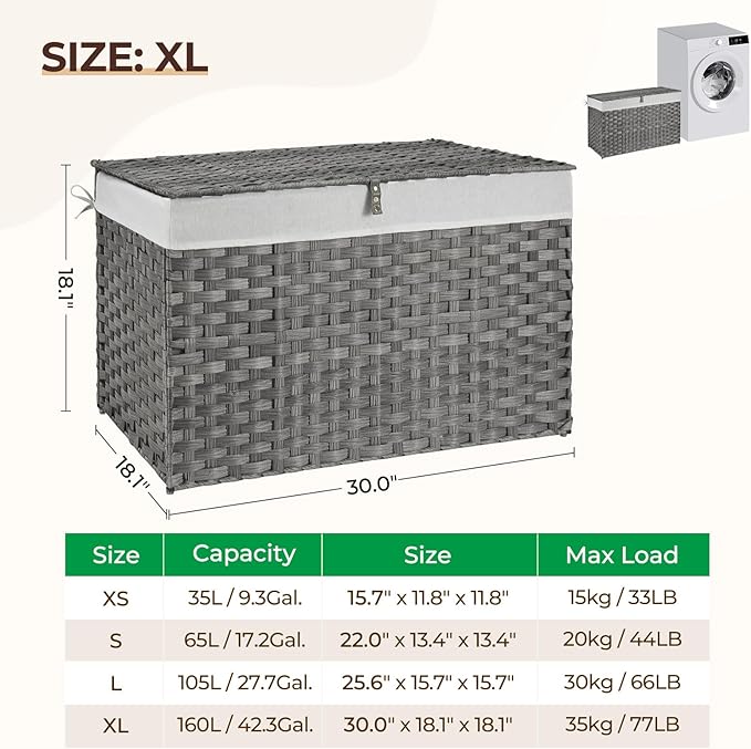 GREENSTELL Storage Basket with Lid, 42.3 Gallon(160L) Lagre Wicker Blanket Storage Basket with Handles, Foldable, 2 Removable Liner Bags, Metal Frame, for Bedroom, Laundry Room, Grey,30"*18.1"*18.1"