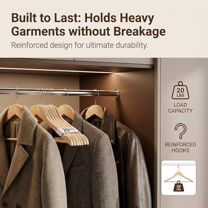 Durable Essentials Plastic Hangers – Pack of 20 Slim, Heavy-Duty, Wood-Like Design with Non-Slip Surface, 360° Rotating Rust-Resistant Hook for Space-Saving