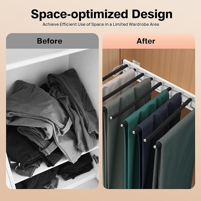 9 Arms Steel Slide Out Pants Rack Closet Pants Hanger Bar Pull Out Trousers Rack Tie Belts Scarf Racks, Wardrobe Clothes Organizers Rail Pull Out Closet Storage Rod-(Left Side Mounts)