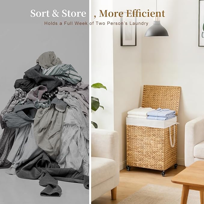 2-Section Laundry Hamper with Lid, Large Capacity Woven Natural Water Hyacinth Laundry Sorter with Removable Liners, Rolling or Non-Slip Design for Bedroom(Natural, 100L)