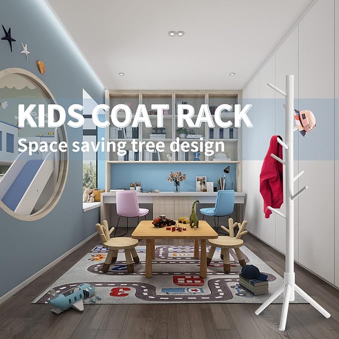OYI Kids Coat Rack Clothing Coat Tree Sturdy coat rack Freestanding Kids Coat Hanger Stand No Tools Required Easy to Assembly Children Clothes Hat Bag Organizing in Room Entryway (white)