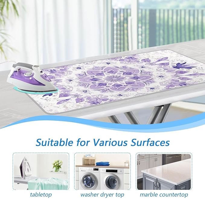 Ironing Mat Pad for Table Portable Travel Iron Blanket Ironing Board Covers Pressing Mat Heat Press Pads 27.6x47.2 Inches Lavender Flowers Mandala Purple42