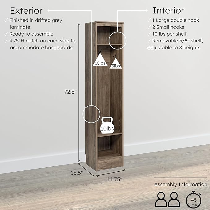 Prepac Narrow Coat Rack Freestanding Hall Tree with 3 Hooks, Entryway Furniture for Coat and Shoe Storage, Entryway Organization with an Adjustable Shelf, 14.75"W x 72.5"H x 15.5"D, Drifted Gray