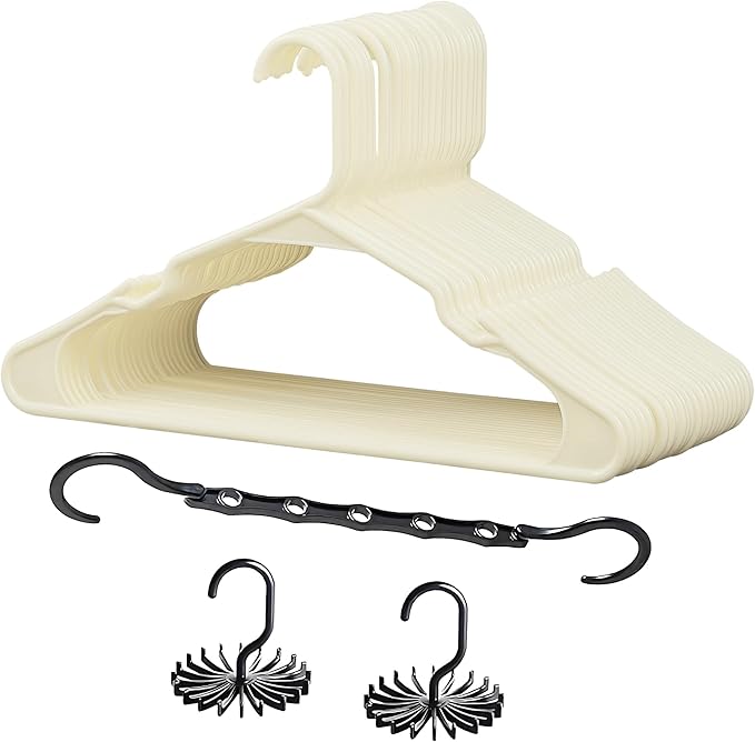 VECELO 25 Pack Plastic Hangers-Clothes Hangers Set with Shoulder Non Slip Notches for Closet Space Saving-Heavy Duty Coat Hanger,Beige