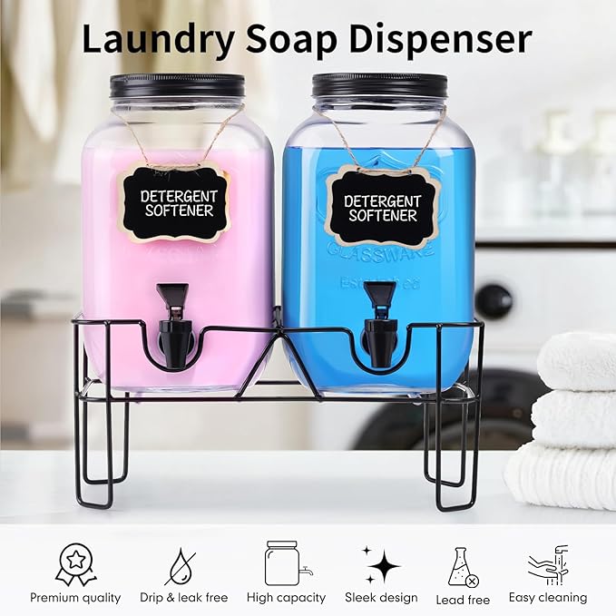 2 Sets 1 Gallon Glass Laundry Detergent Dispenser with Stand, Measuring Cup, Soap Dispenser for Laundry Room, Liquid Laundry Detergent for Liquid Detergent, Fabric Softener