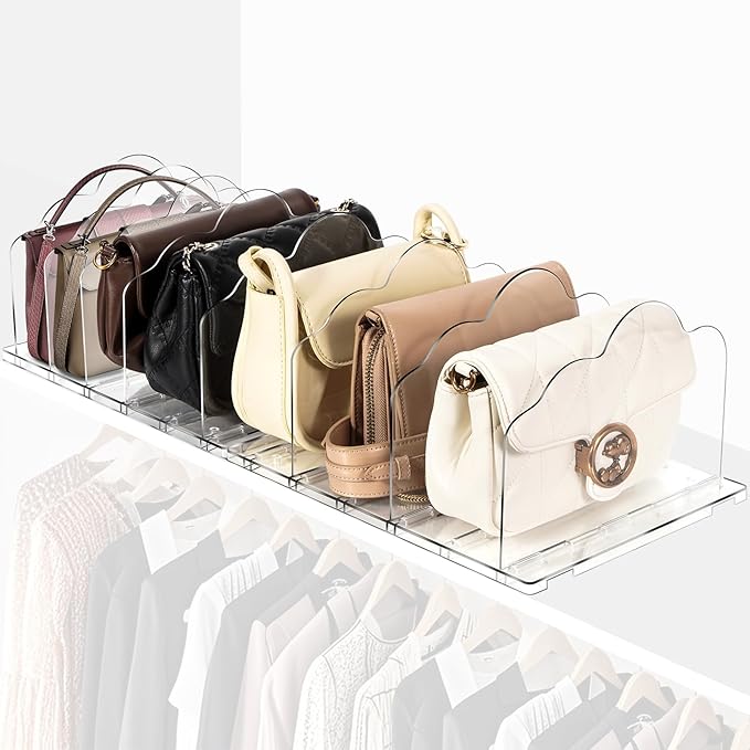 SOLY Purse Storage Organizer for Closet-Adjustable Shelf Dividers,2-Pack Clear Purse Organizers,for Handbags & Accessories Dividers in Bedroom, Clear(White)