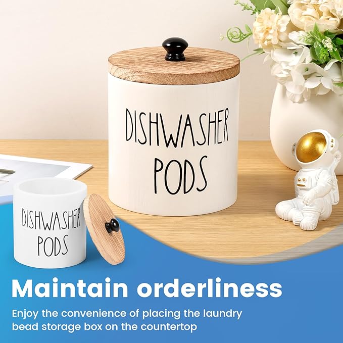 Round Dishwasher Pods Container, Wooden Laundry Pod Holder with Lid, White