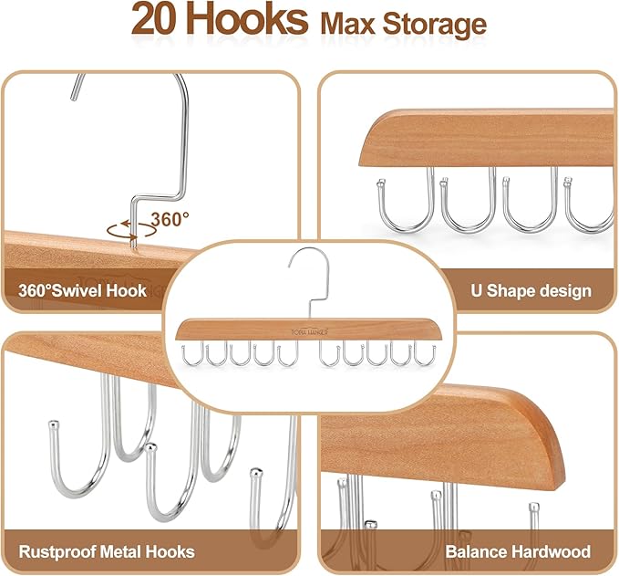 TOPIA HANGER Bra Hanger for Closet, 2 Pack Tank Top Hangers 40 Hooks Capacity Foldable Wood Space Saving Hangers Closet Organizer for Tank Top, Bra, Scarf, Belt, Tie, Hoodie etc - CT66N