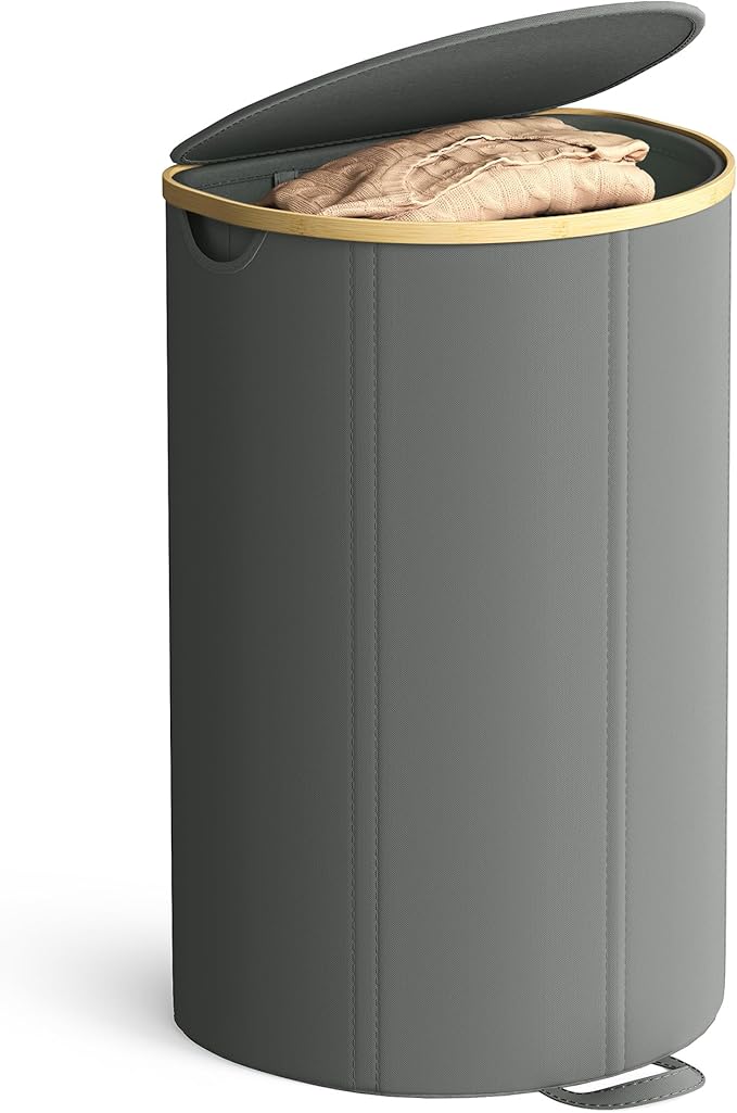 SONGMICS Laundry Hamper, Laundry Basket with Lid, 23.8 Gal. (90 L), with Removable Liner Bag, for Laundry Room, Bedroom, Living Room, Slate Gray and Light Bamboo ULCB547G01