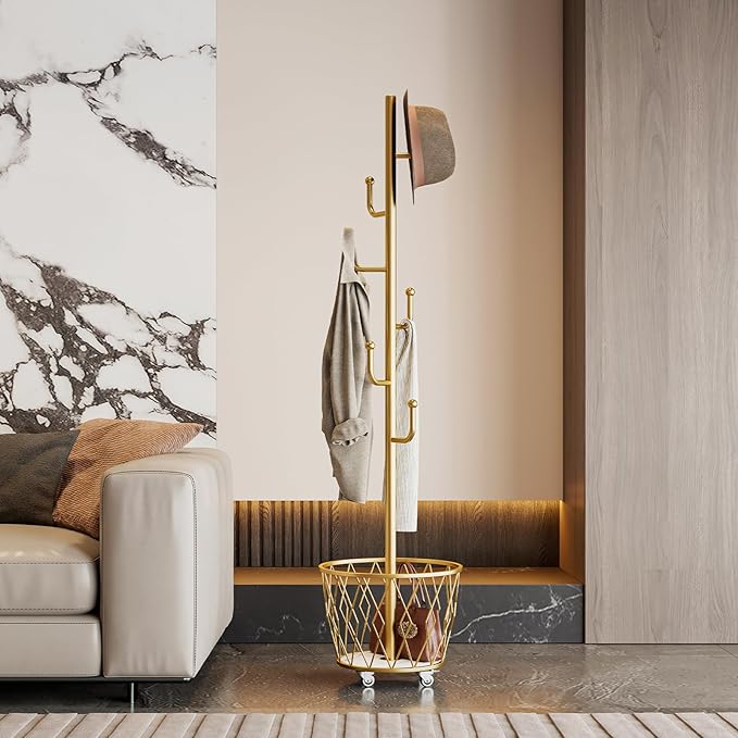 SYO Portable single-pole coat rack with 6 hooks and storage basket; floor-standing coat rack for bedroom and hallway; casters for easy movement; modern minimalist design.