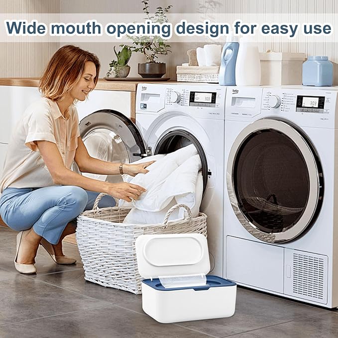 Dryer Sheet Holder, Laundry Dryer Sheet Container With Lid Dryer Sheet Dispenser Organizer Basket, Fabric Softener Sheet Storage Box for Laundry Room Washer Organization (Blue)