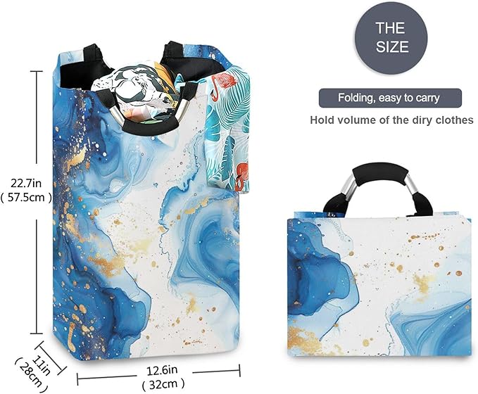 xigua Blue Marble Large Laundry Hamper with Handle, Foldable Clothes Hamper Collapsible Storage Basket for Toys and Clothes Organization in Bedroom, Bathroom, and Laundry Room