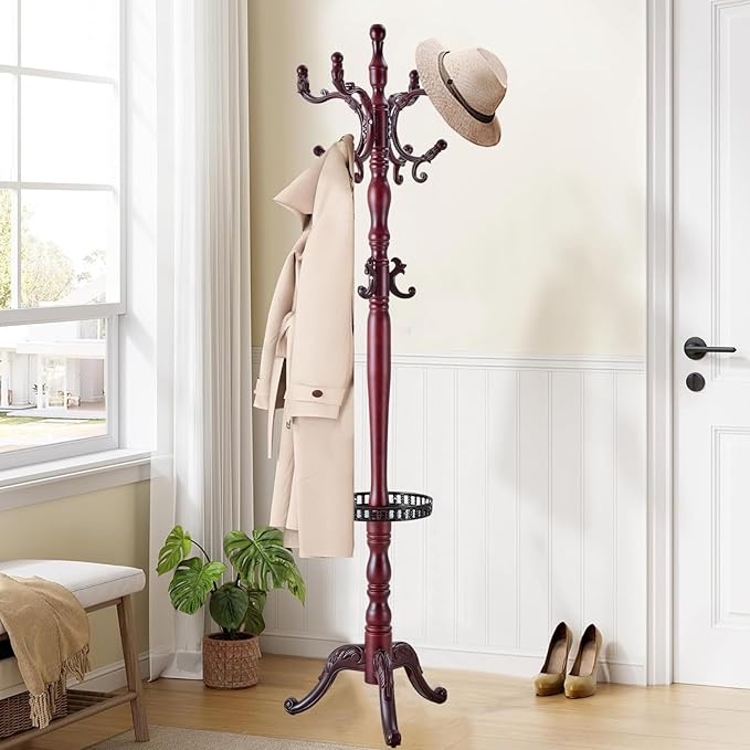 Wooden coat rack stand, Heavy duty coat racks tree freestanding with storage basket, Coat tree for jacket,Hats, Bags, Purses, clothes (Triangular base-Redwood 1)