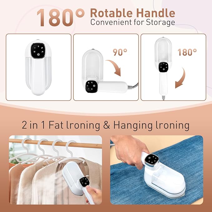 Travel Steamer for Clothes， 4-Speed Steam Adjustable Handheld Iron with LCD Display Screen, 5S Rapid Preheating 1300W Clothes Hanging Ironing Machine, Suitable for Home, Dormitory & Travel (White)
