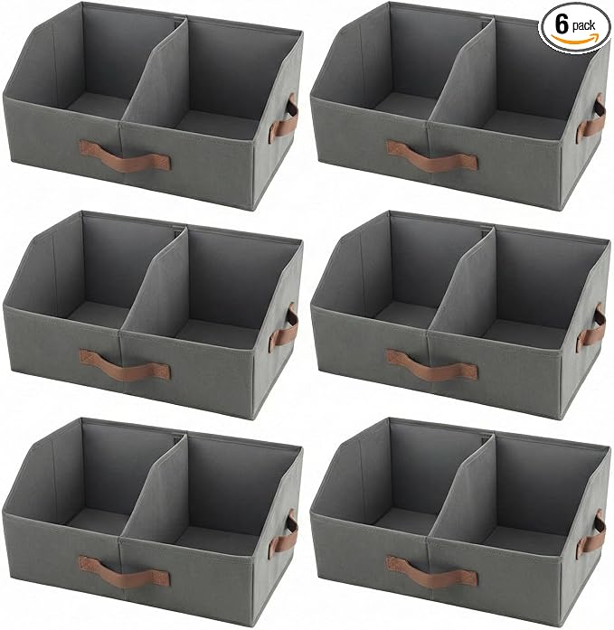 Trapezoid Storage Bin - UPGRADED Closet Organizers And Storage W/ Leather Handles & Adjustable Dividers, Fabric Collapsible Storage Bins For Clothes Storage & Shelf Organizer (6pcs, Small, Dark Gray)