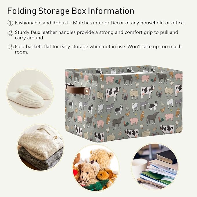 Farm Animals Pattern Rectangle Storage Bin, 15 x 11 x 9.5 in, Collapsible Organizer Storage Basket for Home Décor，2PACK
