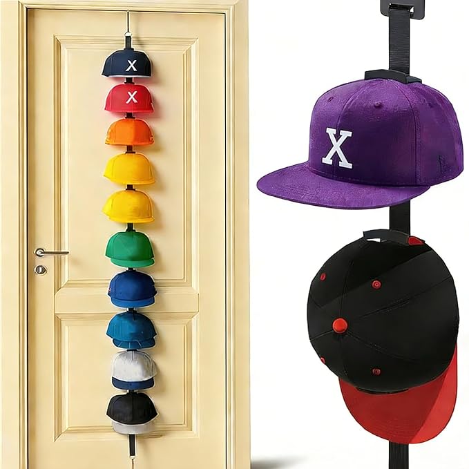 Over-the-Door Hat Rack Organizer with Clips,Hat Holder for Door,Hat Organizer for Baseball Caps,Adjustable No-Drill Anti-Drop Hat Storage with Display Hooks for Bedroom, Dorm or Doors
