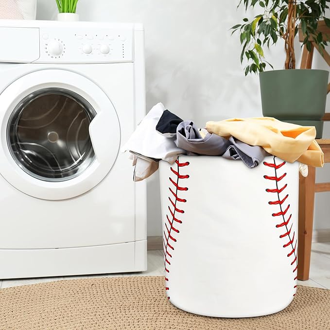 Baseball Texture Laundry Basket with Handles Collapsible Laundry Hamper Waterproof Toy Organizer Funny Dirty Clothes Hamper for College Dorm Bathroom Bedroom