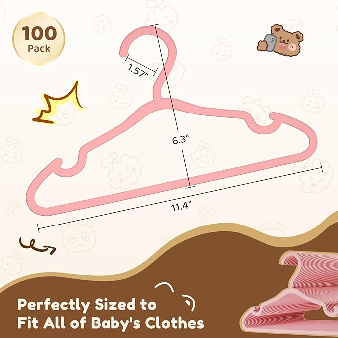 Plastic Kids Hangers - 100 Pack Non-Slip Baby Clothes Hangers for Closet, Toddler & Newborn Clothing Pants, Skirts, Coats (Pink)