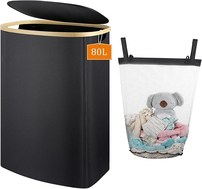 Slim Laundry Basket with Lid, 80L Narrow Laundry Hamper with Removable Bag, Clothes Hampers for Laundry with Bamboo Handles for Bathroom, Bedroom, Dorm & Laundry Room