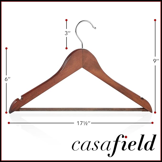 Casafield - 10 Walnut Wooden Suit Hangers - Premium Lotus Wood with Notches & Chrome Swivel Hook for Dress Clothes, Coats, Jackets, Pants, Shirts, Skirts