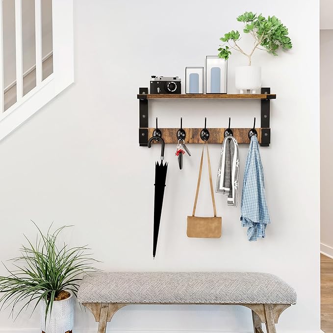 Wall Hooks with Shelf, Coat Rack Wall Mount for Coat Backpack Key Clothes Hanger, Wall Floating Shelf Hanging in Entryway, Living Room, Bathroom, Bedroom, Kitchen