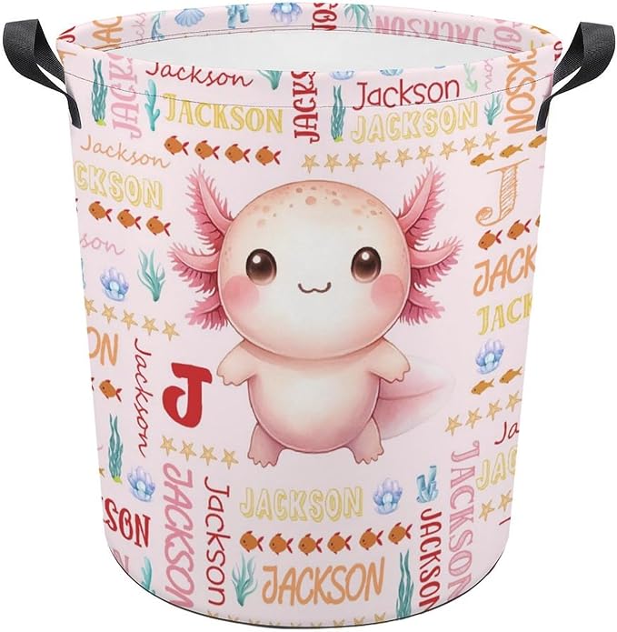 Axolotl Laundry Basket,Custom Laundry Hamper with Name,Personalized Axolotl Gifts for Boys Girls,Customize Collapsible Laundry Basket for Bedroom Bathroom,M-19.5"X 15.7"