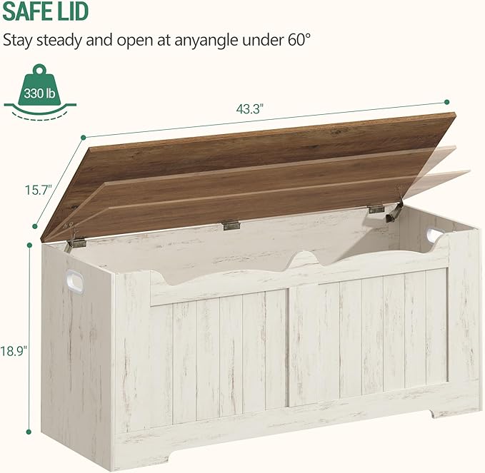 43.3" Storage Chest, Extra Large Storage Bench Trunk with 2 Hinges, Wooden Box, Lift-Top Chest Organizer, Shoe Bench for Entryway, Bedroom, Living Room, White and Brown SB25514X