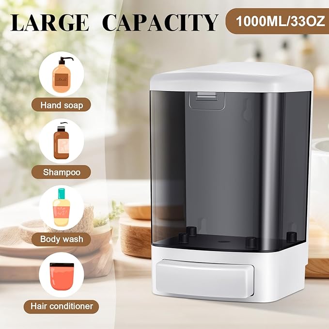Hushee Manual Soap Dispenser 33.8oz / 1000ml Kitchen Bathroom Plastic Refillable Wall Mounted Commercial Soap Dispenser for Liquid Containers Shampoo Gel Chamber Hotel Restaurant(Black)