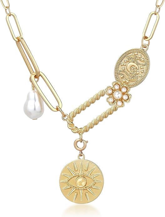 Chunky Gold Necklace for Women Gold Evil Eye Cowboy Pendant Necklace Dainty Paperclip Chain Vintage Luck Amulet Choker Necklaces Celestial Jewelry Gift