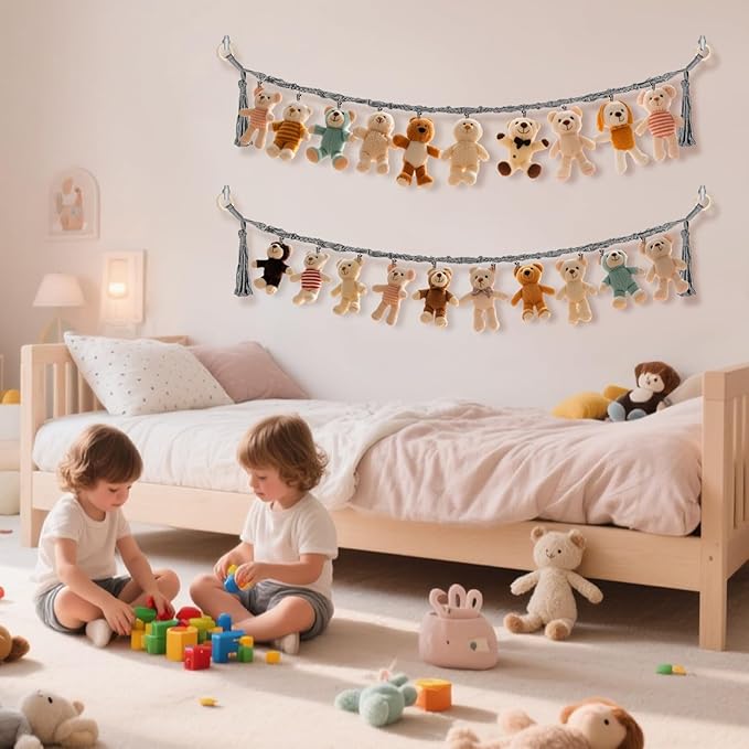 80" Cotton Hanging Storage Chain For Stuffed Animals Storage with 40 Metal Clips, Stuffed Animal Organizer Chain for Wall Corner Nursery Play Room, Grey