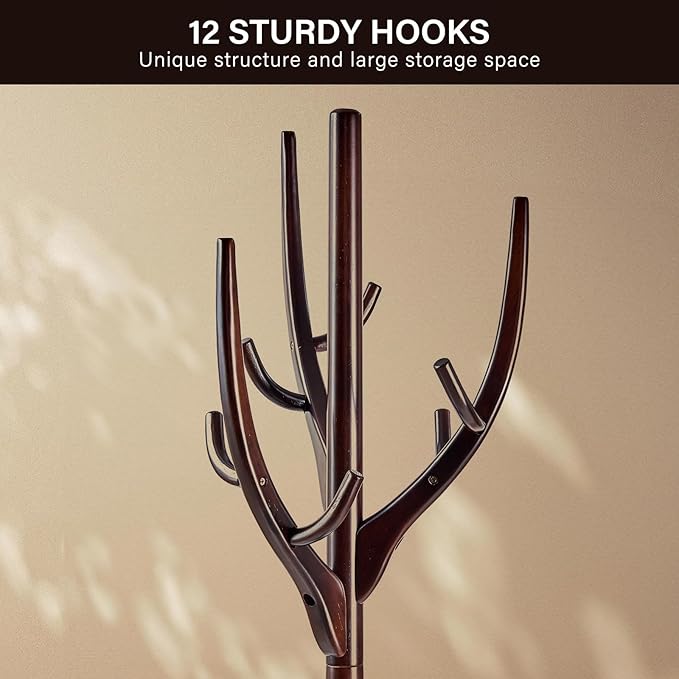CozyDH Coat Rack Wooden Freestanding - Wood Coat Rack Freestanding Heavy Duty, Wooden Coat Stand with 12 Hooks Creative Tree Branch-look for Entryway, Hallway, Bedroom (Dark Walnut)