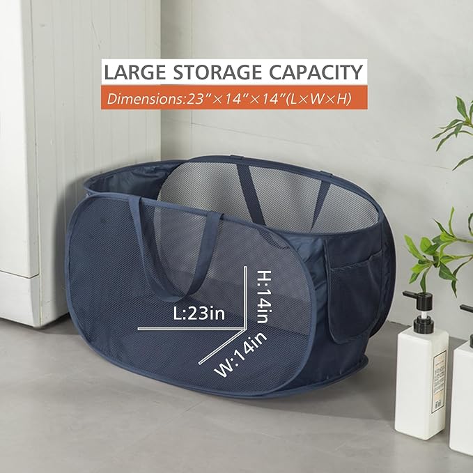 HONOMA Sturdy Mesh Laundry Hamper Basket Bag,Pop up Basket with Side Pocket for Laundry Room, Bathroom, Kids Room, College Dorm or Travel (Pop Horizontal, Grey + Grey)