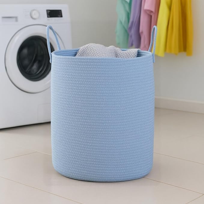 Woven Basket Nursery Laundry Hamper with Handles, Clothes Storage Organizer, Woven Basket for Boy Room Decor, Toy & Blanket Storage Bin, 15x15x18 Inch,Blue,1pc