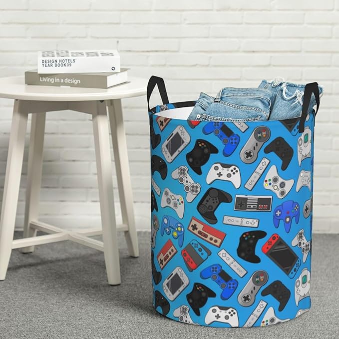 Video Game Controller Background Round Laundry Hamper Gaming Theme Game Joysticks Storage Basket Toys Clothes Organizer Bin For Home Bathroom Bedroom Dorm Nursery, 62l