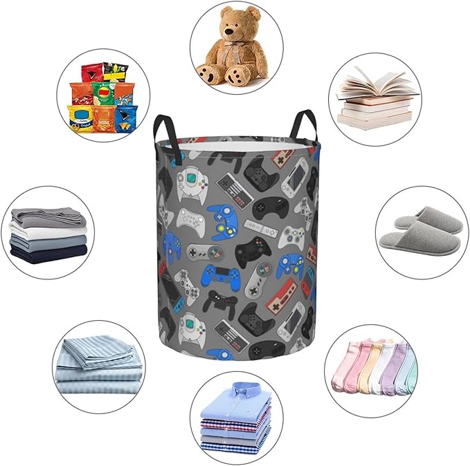 Video Game Controller Grey Background Laundry Hamper Storage Basket Toys Clothes Organizer Bin For Home Bathroom Bedroom Dorm Nursery, 62l